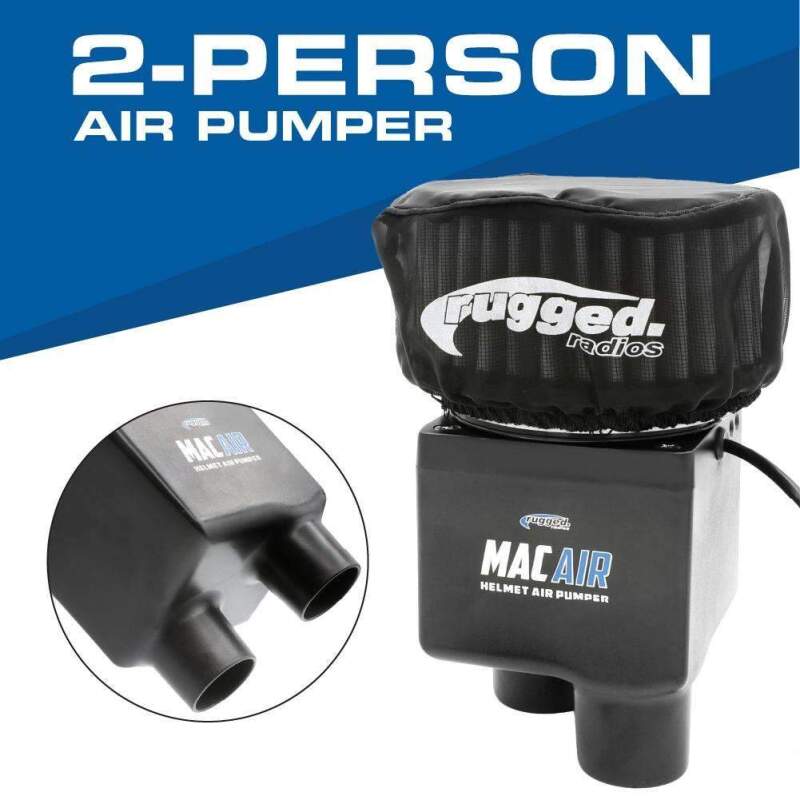 Rugged Radios MAC Air 2-person helmet air pumper motor unit featuring dual outlet ports and a black finish.