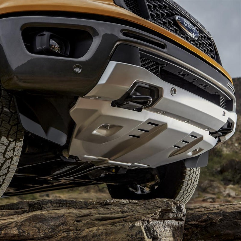 Silver powder-coated 3/16-inch aluminum skid plate with mounting brackets for 2019-2023 Ford Ranger.