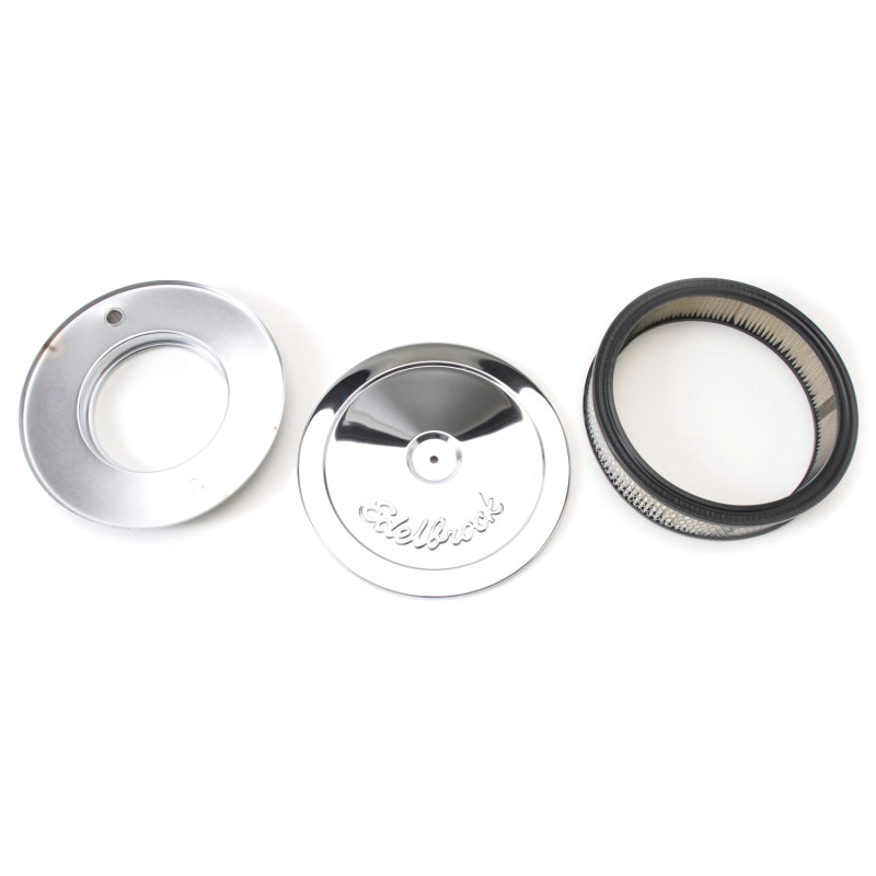 Edelbrock Pro-Flo 10-inch round triple chrome-plated steel air cleaner with paper filter element.