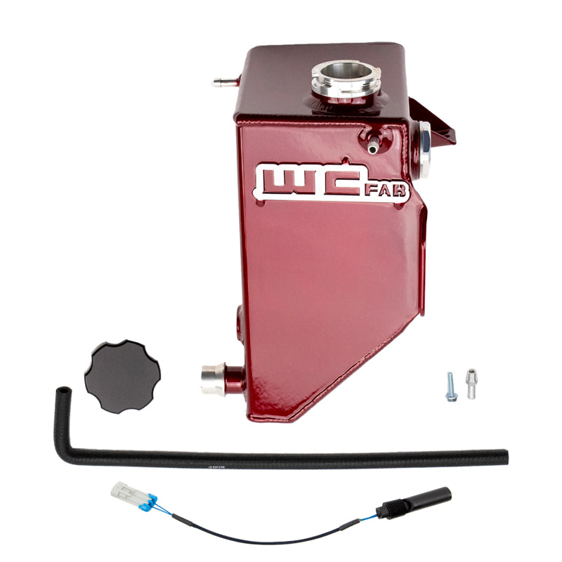 Red powder-coated fabricated aluminum coolant tank with sight glass and black anodized billet cap.