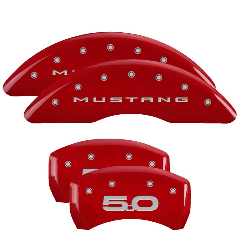 Set of four red MGP powder-coated aluminum caliper covers with silver Mustang and 50 engravings for 2015-2023 Ford Mustang.