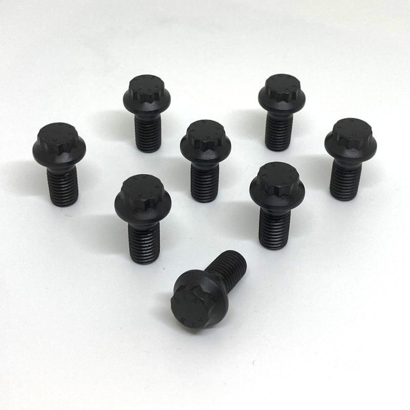 Set of eight McLeod 1558 11mm flywheel bolts with a black oxide finish for GM LS engines.