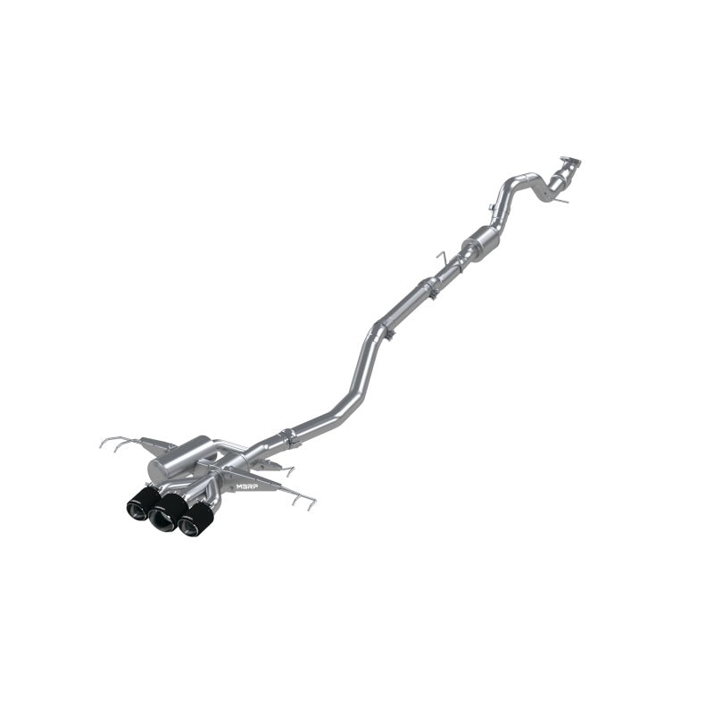 MBRP Armor Pro 3-inch T304 stainless steel cat-back exhaust with triple center-exit carbon fiber tips.