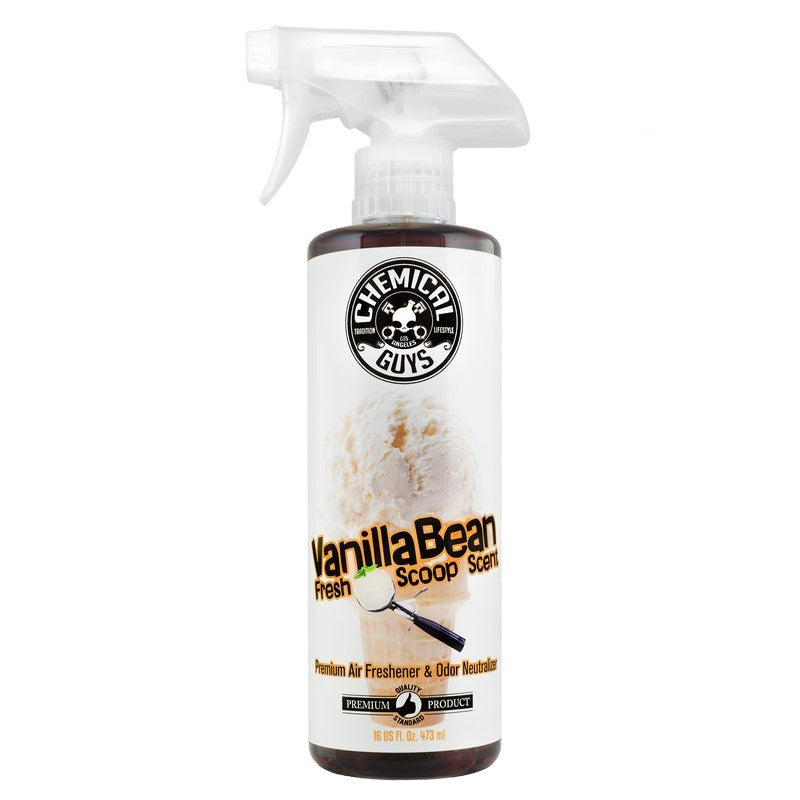 16oz clear spray bottle of Chemical Guys Vanilla Bean Fresh Scent Air Freshener and Odor Eliminator.