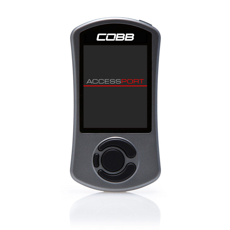 Cobb Accessport V3 handheld tuning device with high-resolution color screen for Porsche 911, Cayman, and Boxster.