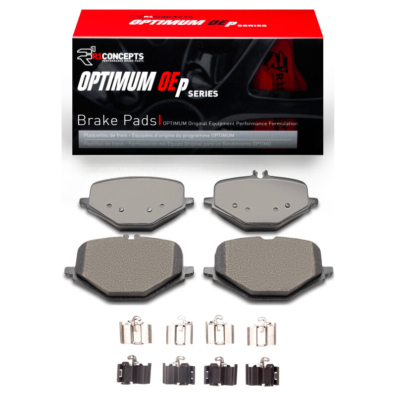 R1 Concepts Optimum OE rear brake pads and mounting hardware kit for Mercedes-Benz AMG vehicles.