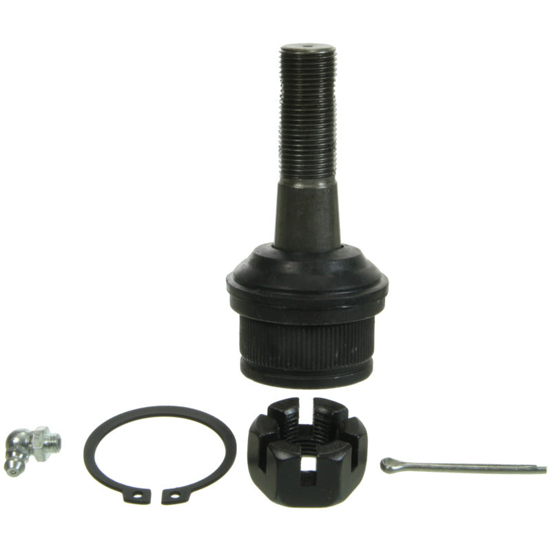 MOOG QuickSteer front upper ball joint with heavy-duty steel housing and a black protective contaminant boot.