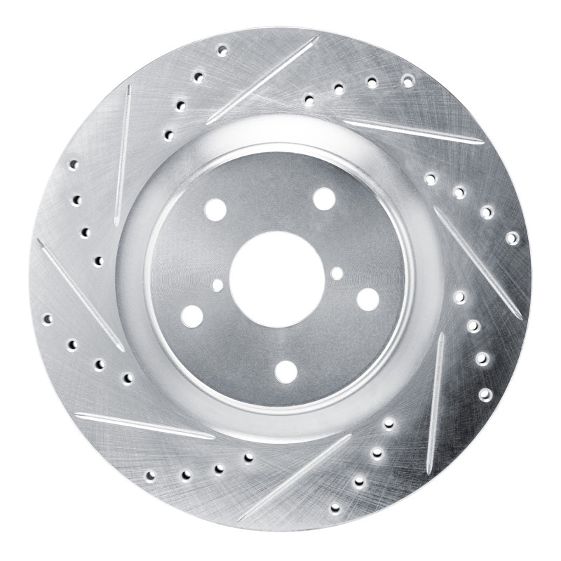 Silver finish R1 Concepts drilled and slotted front left performance brake rotor for Subaru.