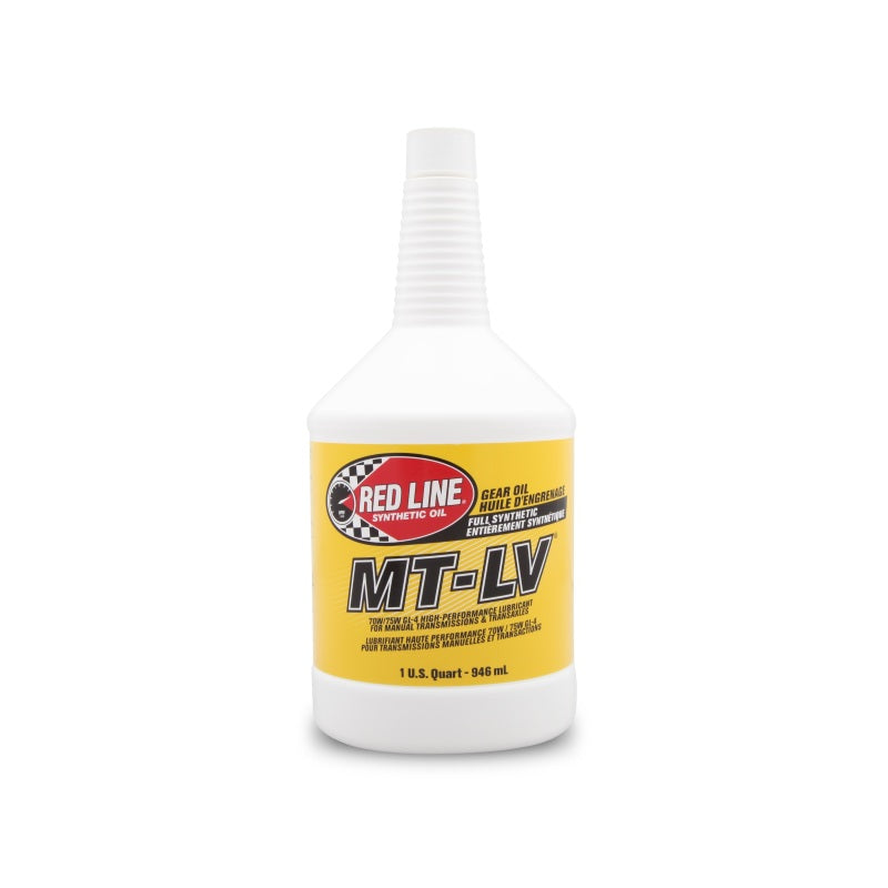 One quart bottle of Red Line MTLV 70W/75W GL-4 high-performance synthetic manual transmission lubricant.
