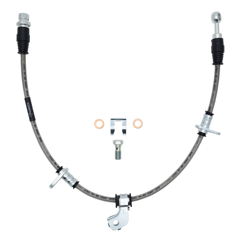Braided stainless steel right front brake hose for 2002-2003 Lexus ES300 featuring metallic silver fittings.