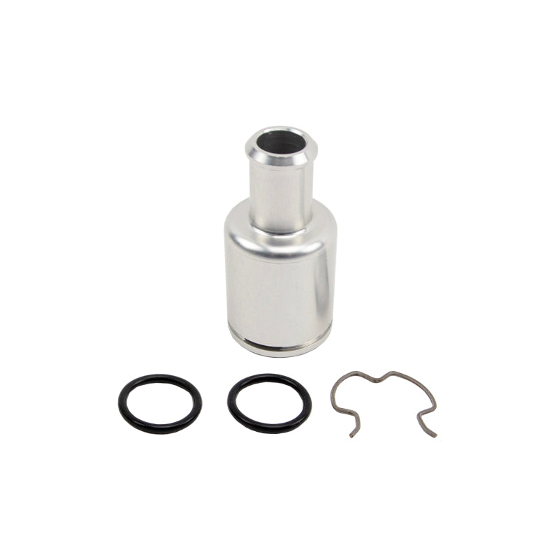 Clear anodized billet aluminum heater core firewall fitting with 5/8 inch barb and double o-ring seal.