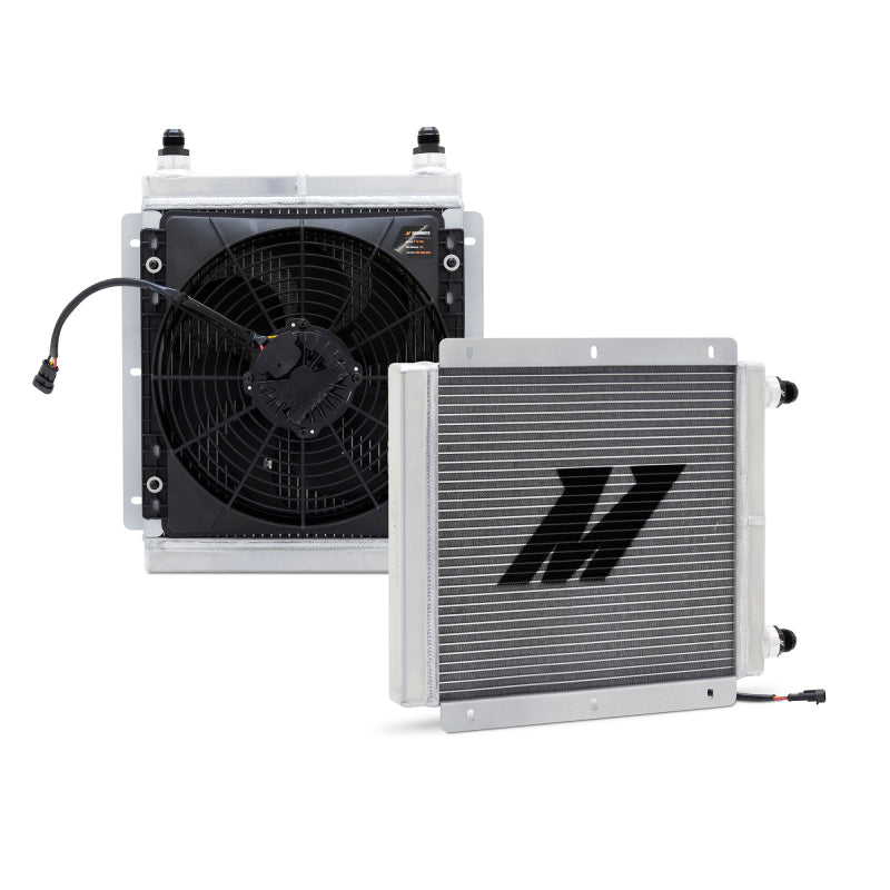 Mishimoto universal tube-and-fin heat exchanger with integrated 12-inch brushless fan and mounting shroud.