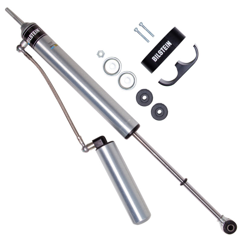 Bilstein B8 5160 monotube shock absorber with remote reservoir and 360-degree swivel banjo hose.