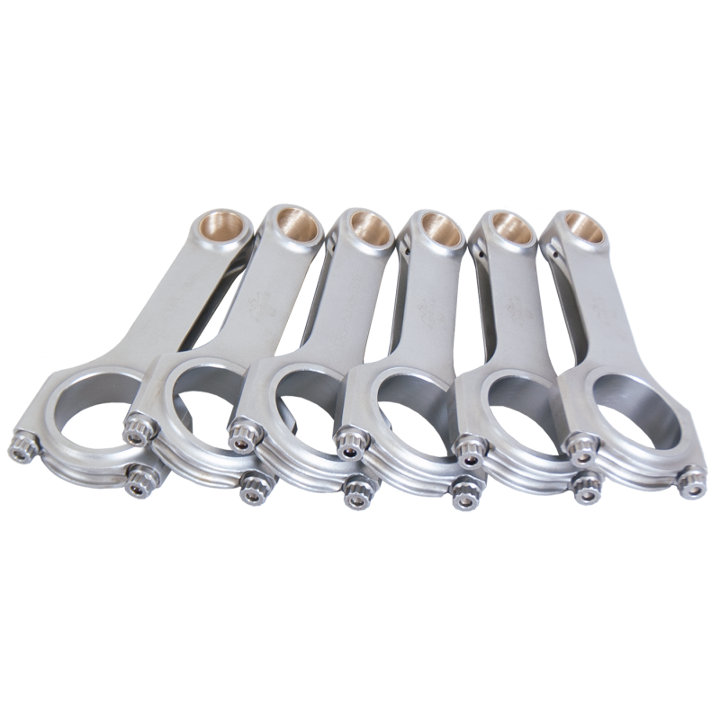 Set of six Eagle H-beam forged 4340 steel connecting rods for BMW M52 engines with ARP 2000 bolts.