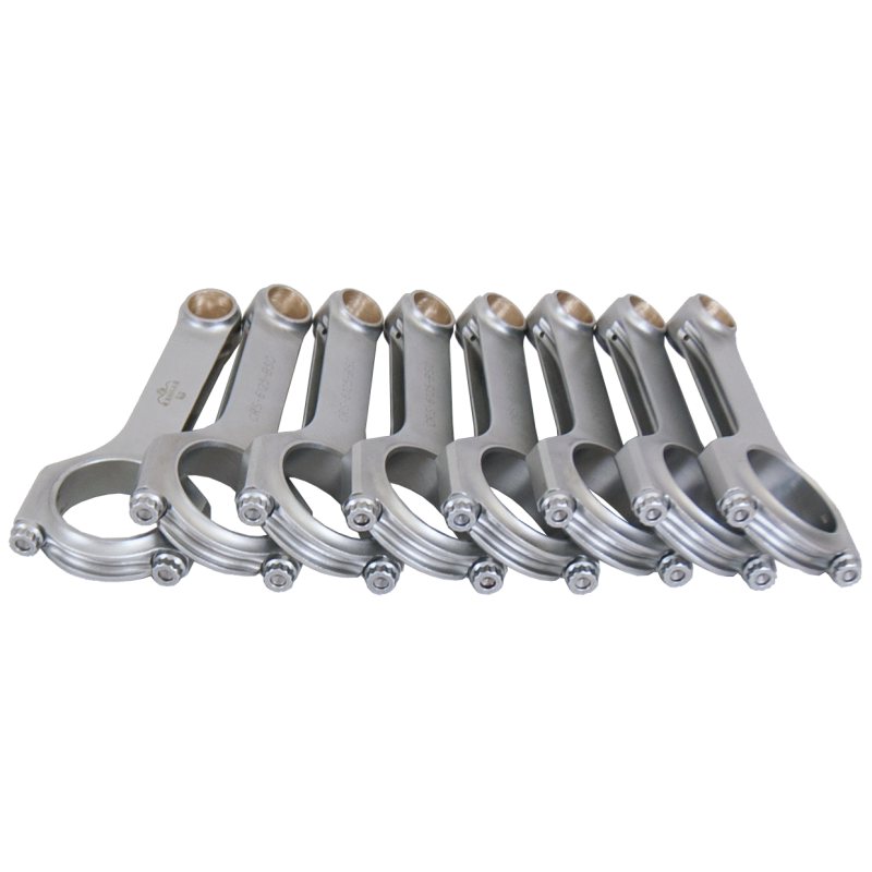 Set of eight 4340 forged steel H-beam connecting rods for Chevrolet LS engines with ARP L19 hardware.