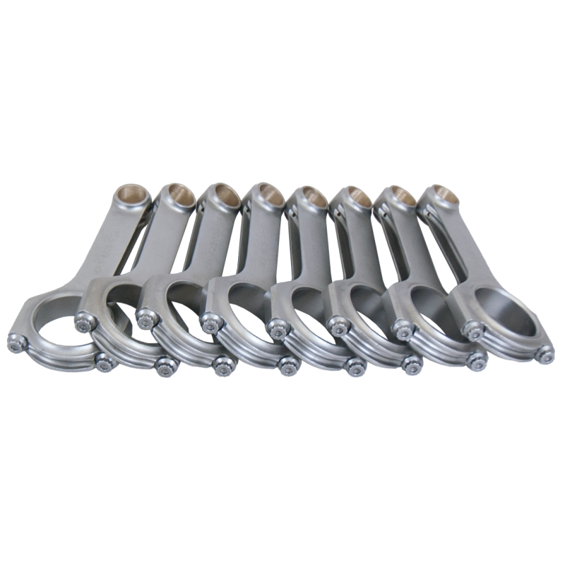 Set of eight Eagle forged 4340 H-beam connecting rods for Chevrolet LS engines featuring ARP 2000 rod bolts.