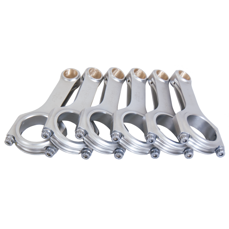 Set of six Eagle forged 4340 steel H-beam connecting rods with ARP 2000 bolts for Nissan RB26 engines.