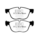 EBC Redstuff ceramic front brake pads with red Brake-In coating and backing plate details.