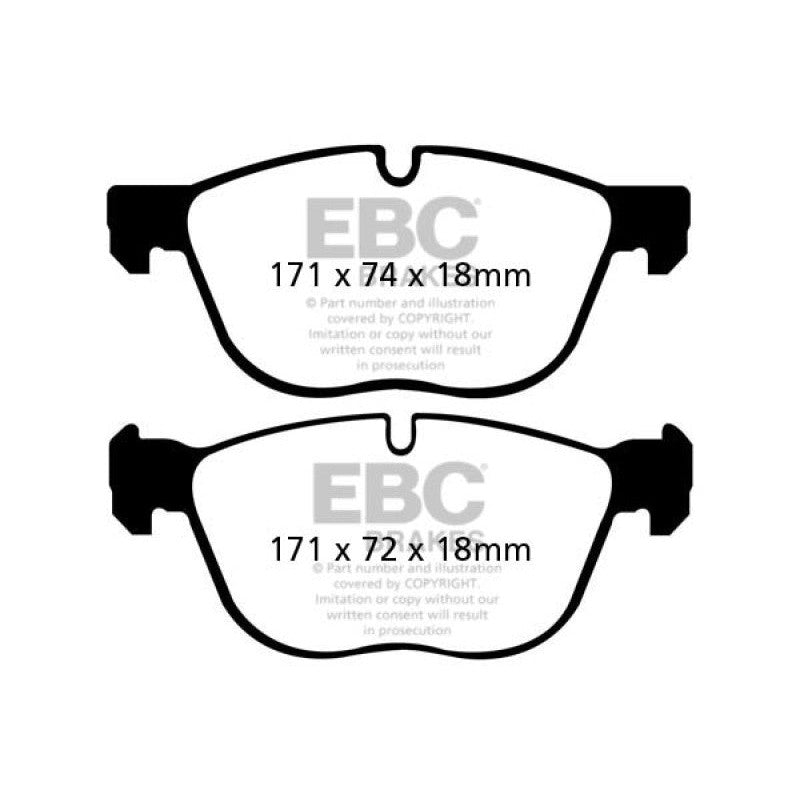 EBC Redstuff ceramic front brake pads with red Brake-In coating and backing plate details.