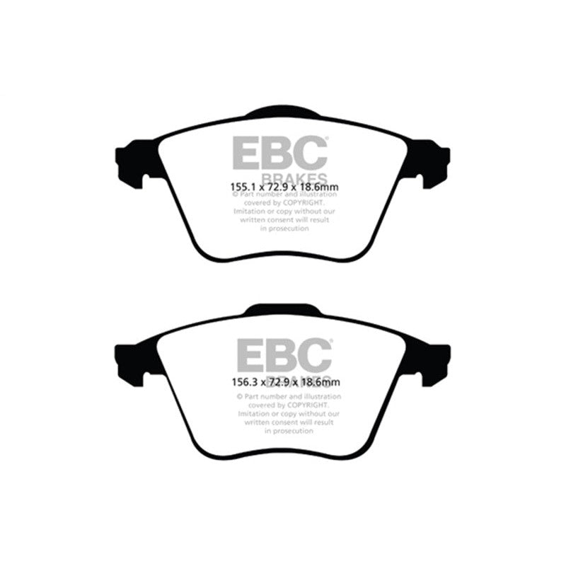 EBC Brakes Ultimax2 front brake pads with shimmed and slotted black friction material.