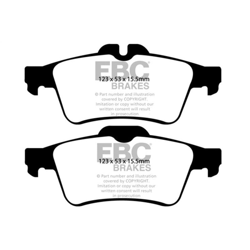 EBC Brakes Ultimax2 rear brake pads featuring black friction material with slotted and chamfered edges for quiet braking.
