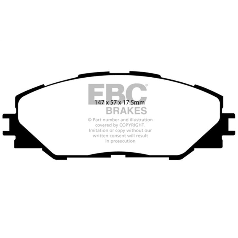 EBC Brakes Ultimax2 front brake pads with shims and chamfered edges for 2006-2018 Toyota and Pontiac vehicles.