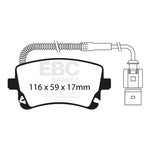 EBC Redstuff ceramic rear brake pads featuring red powder coat and red Brake-In bedding surface coating.
