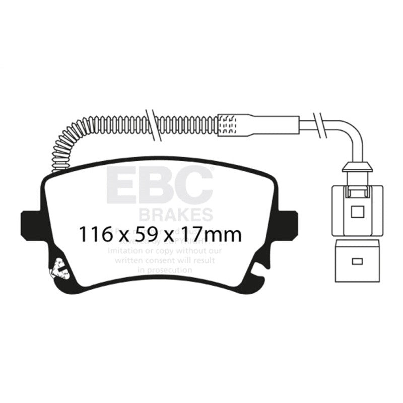 EBC Redstuff ceramic rear brake pads featuring red powder coat and red Brake-In bedding surface coating.