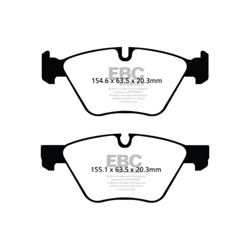 EBC Redstuff ceramic front brake pad set showing the red friction material and Brake-In surface coating.