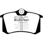 EBC Redstuff ceramic rear brake pad set with red friction material and Brake-In bedding-in coating.