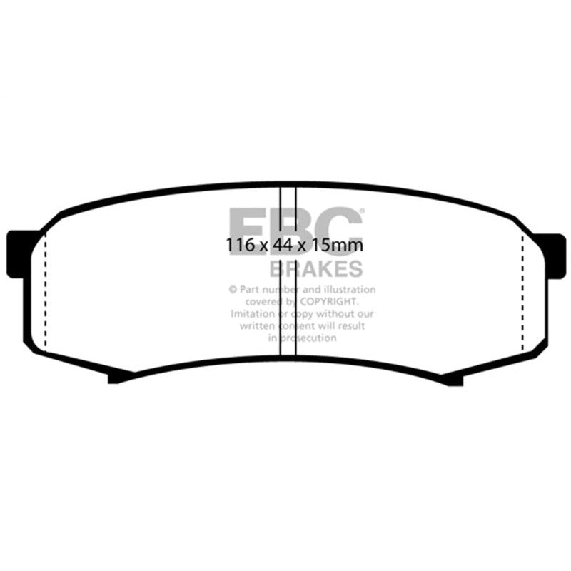 EBC Ultimax2 rear brake pads with black finish, shims, and chamfered edges for Lexus and Toyota SUVs.