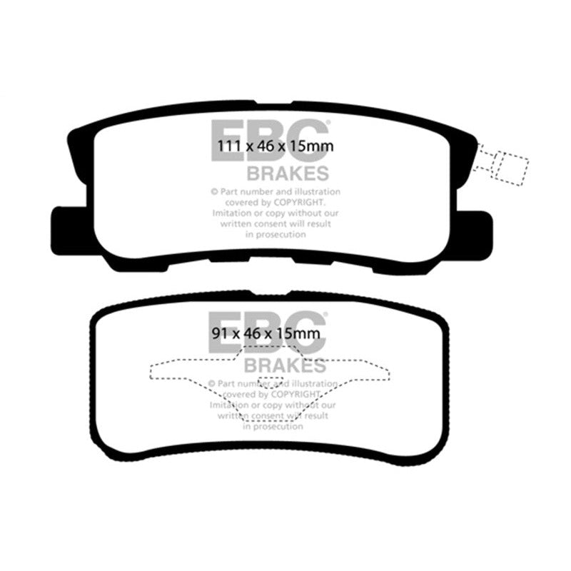 EBC Brakes Yellowstuff rear brake pads with yellow high-friction compound and black powder-coated backing plate.