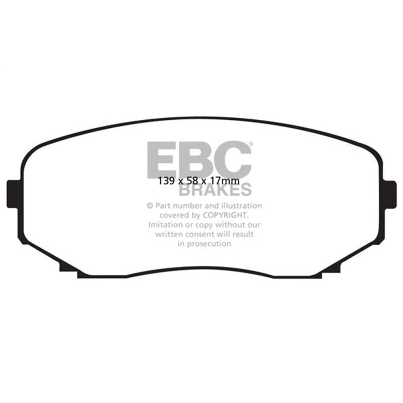 Set of EBC Brakes Redstuff ceramic front brake pads with red friction material and Brake-In bed-in coating.