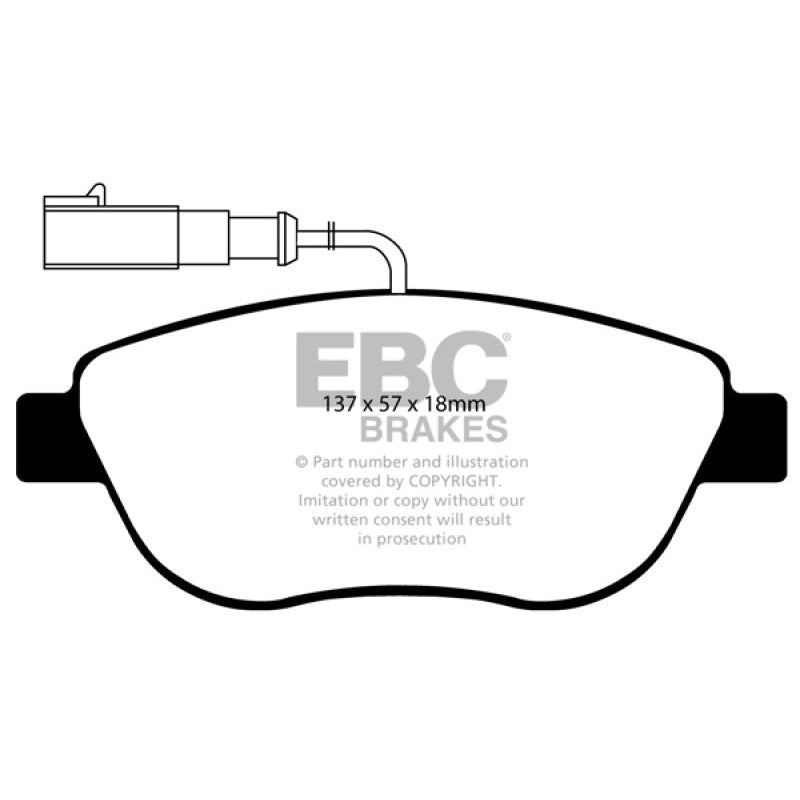 EBC Brakes Redstuff ceramic front brake pads with red finish and Brake-In coating for Fiat 500 Abarth.