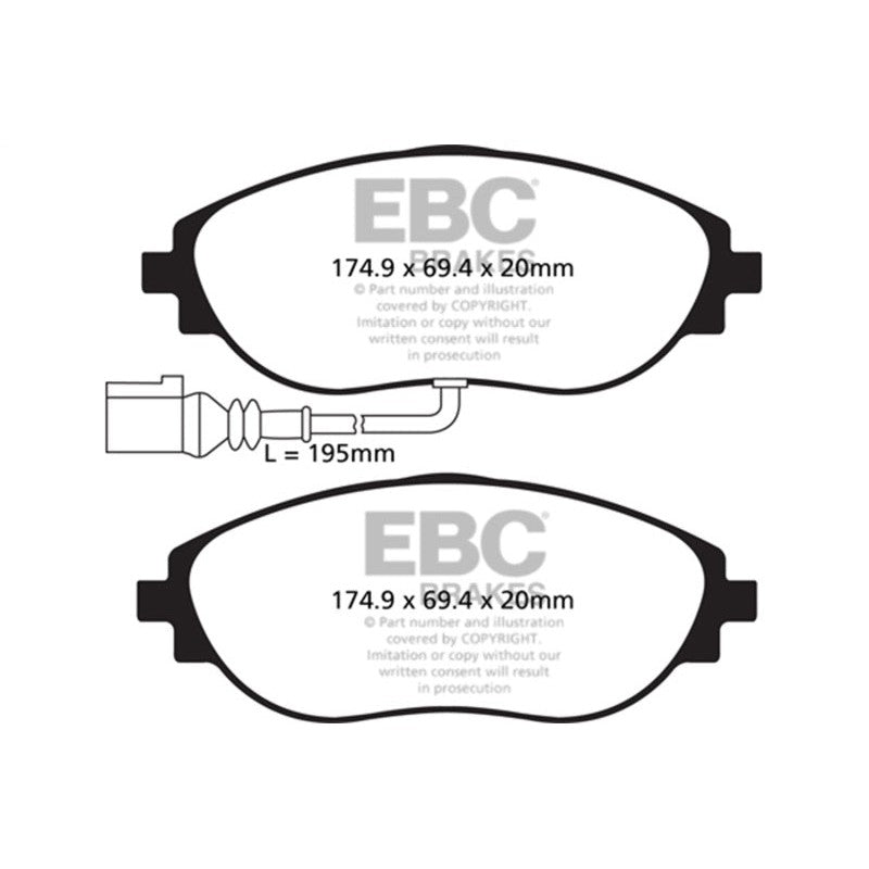 EBC Brakes Ultimax2 front brake pads featuring black backing plates with shims, slots, and chamfered edges.