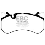 Front EBC Redstuff ceramic brake pads for Audi RS7 with red backing plates and trapezoid weights.