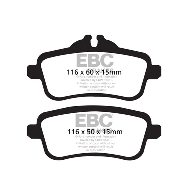 EBC Brakes Ultimax2 rear brake pads showing the shimmed, slotted, and chamfered friction material for Mercedes-Benz SUVs.
