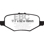 EBC Yellowstuff performance rear brake pad set with aramid fiber compound and red anti-shim backing plates.