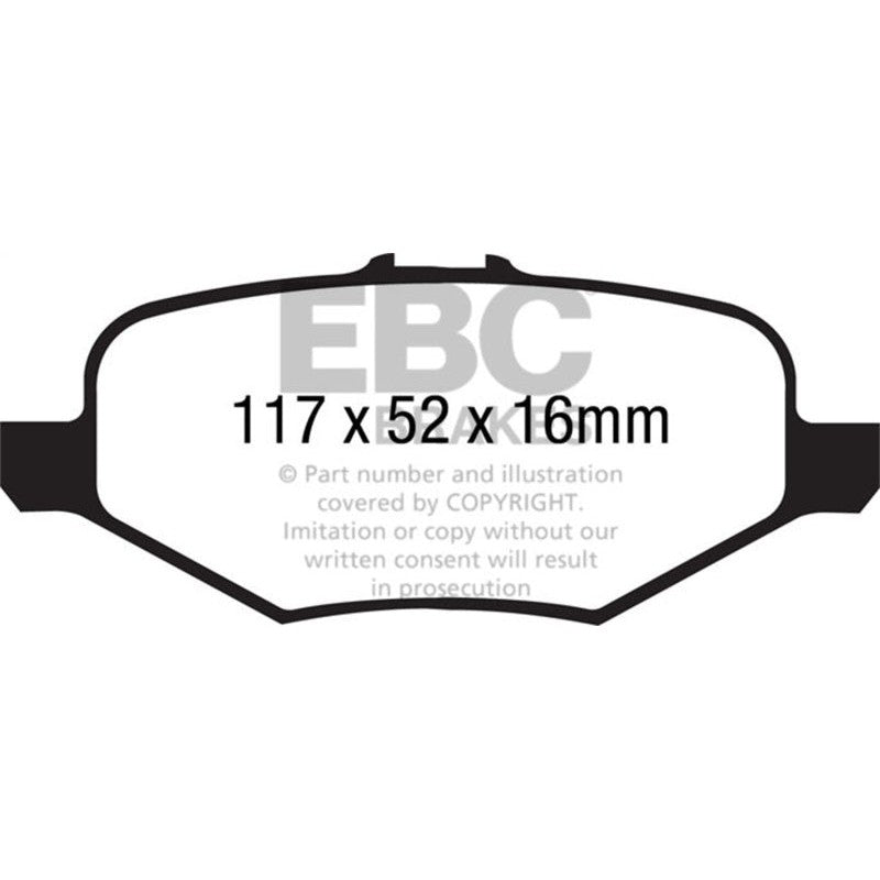 EBC Yellowstuff performance rear brake pad set with aramid fiber compound and red anti-shim backing plates.