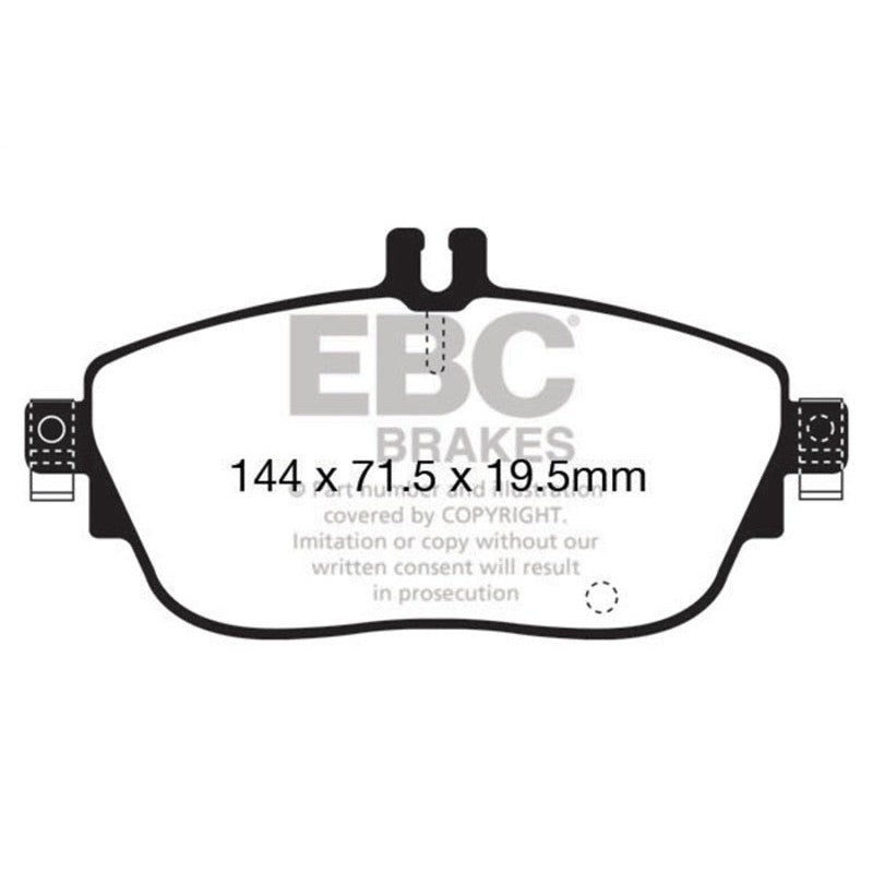 EBC Brakes Ultimax2 front brake pads UD1694 showing the black friction material with shims, slots, and chamfered edges.