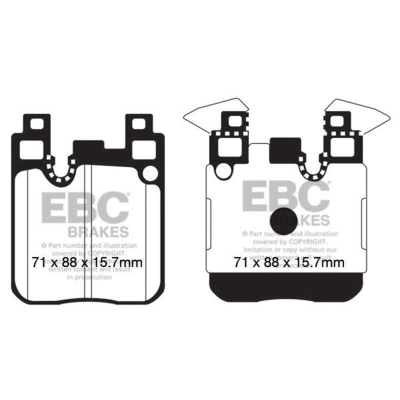 EBC Brakes Redstuff ceramic rear brake pads with red finish and Brake-In surface coating.