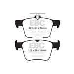 EBC Redstuff ceramic rear brake pads with red friction material and Redstuff branding on the backing plates.