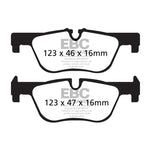 EBC Brakes Ultimax2 UD1613 rear brake pads featuring shims and chamfered edges for BMW ATE calipers.