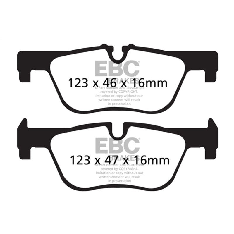 EBC Brakes Ultimax2 UD1613 rear brake pads featuring shims and chamfered edges for BMW ATE calipers.