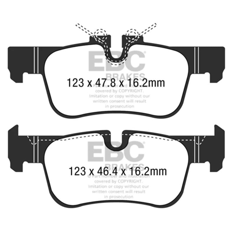 EBC Brakes Ultimax2 rear brake pads with shims, slots, and chamfers for BMW and Mini fitment.