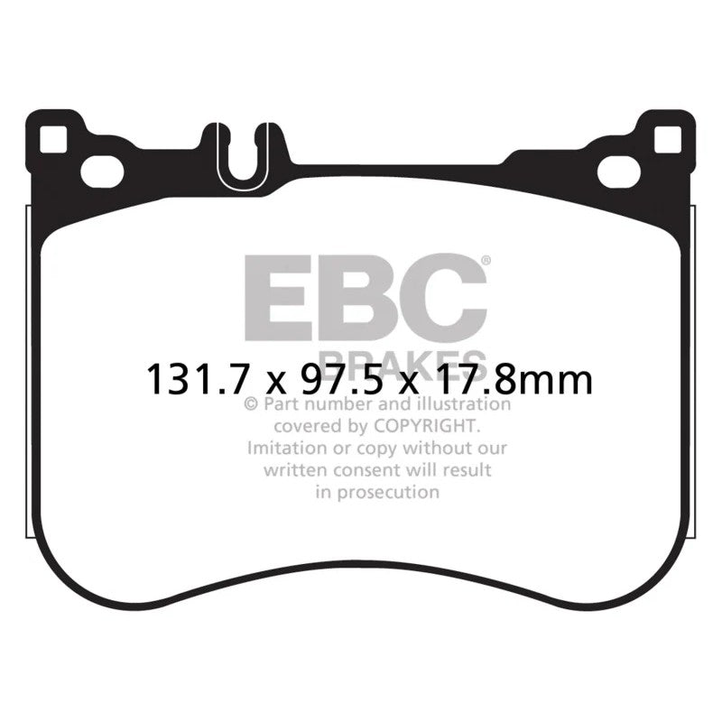 EBC Redstuff ceramic front brake pads with red powder coat finish and Brake-In surface coating for Mercedes-Benz.