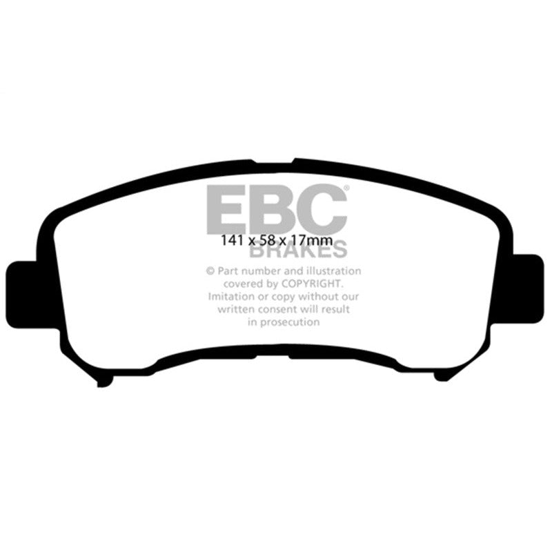EBC Brakes Ultimax2 front brake pad set featuring black-coded friction material with shims, slots, and chamfers.