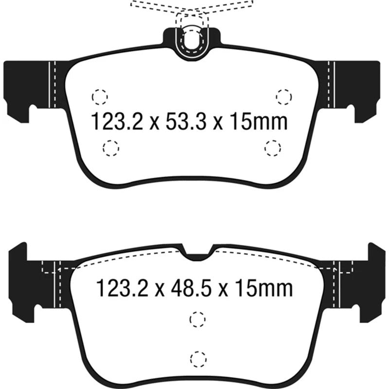 EBC Brakes Ultimax2 rear brake pads showing the black-coated shimmed backplates and chamfered friction material.