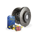EBC S5KR1760 Rear Brake Kit featuring Yellowstuff pads and GD series wide-aperture slotted and dimpled rotors.