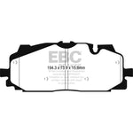 EBC Redstuff ceramic front brake pad set featuring red friction material and red powder-coated backing plates.